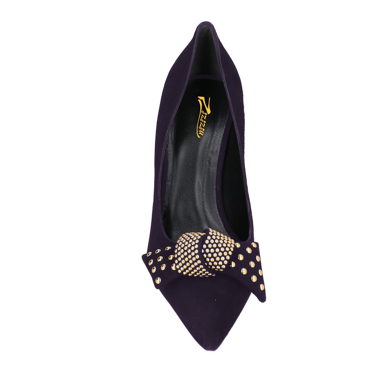 Dark Purple Studded Bow Pointed Toe Chunky Heel Pumps Shoes
