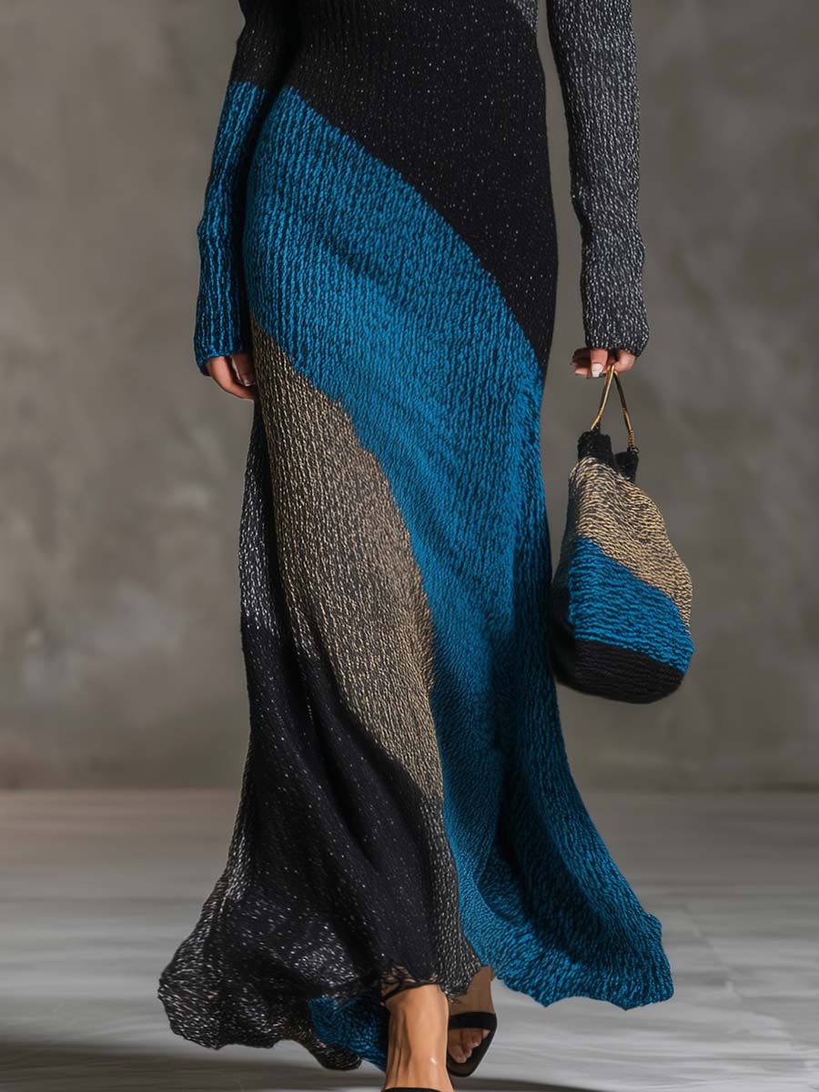 Elegant Retro One-shoulder Long-sleeved Blue Gray And Black Contrast Knitted Maxi Dress