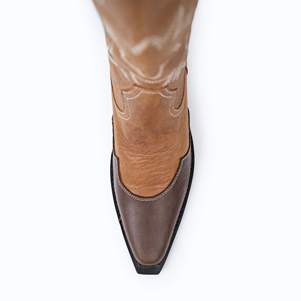 Embroidered Star Inlay Mid Calf Brown Cowgirl Boots for Women