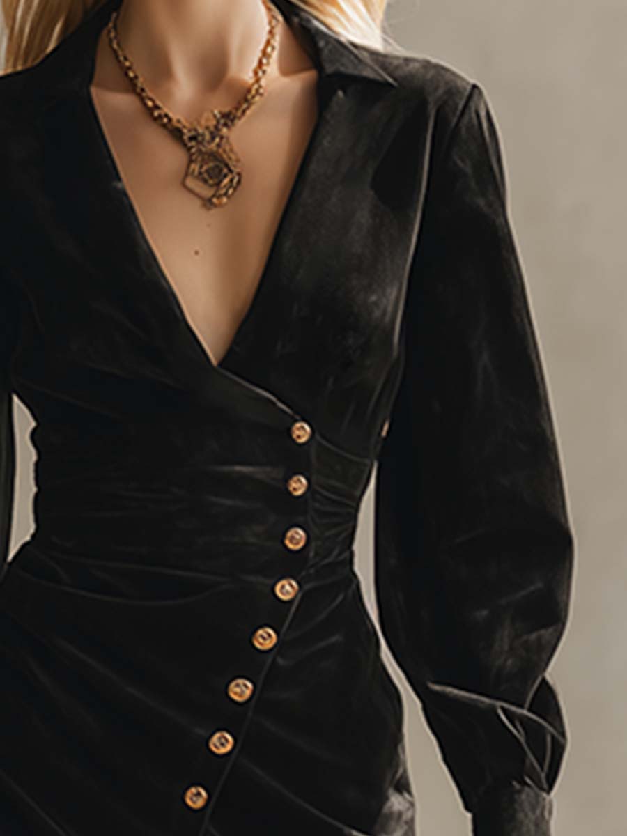 Elegant Vintage Black Slanted Button-down Faux Suede Midi Dress