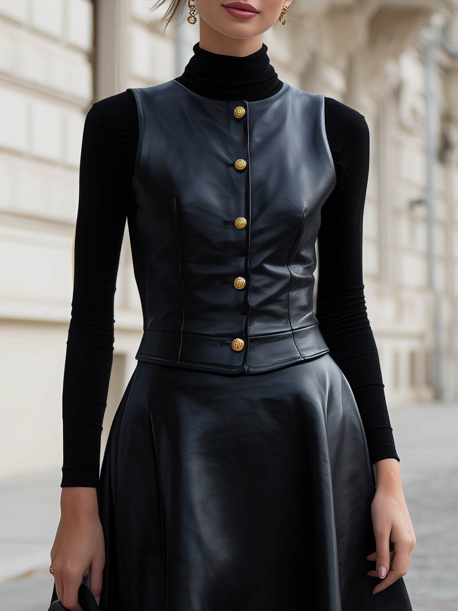 Faux Leather Three-Piece Set With Gold Button Detailing