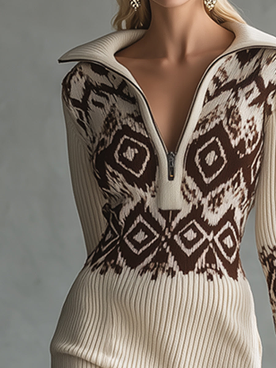 Elegant Retro Pattern Off-white Knitted Half-zip Long-sleeved Maxi Dress
