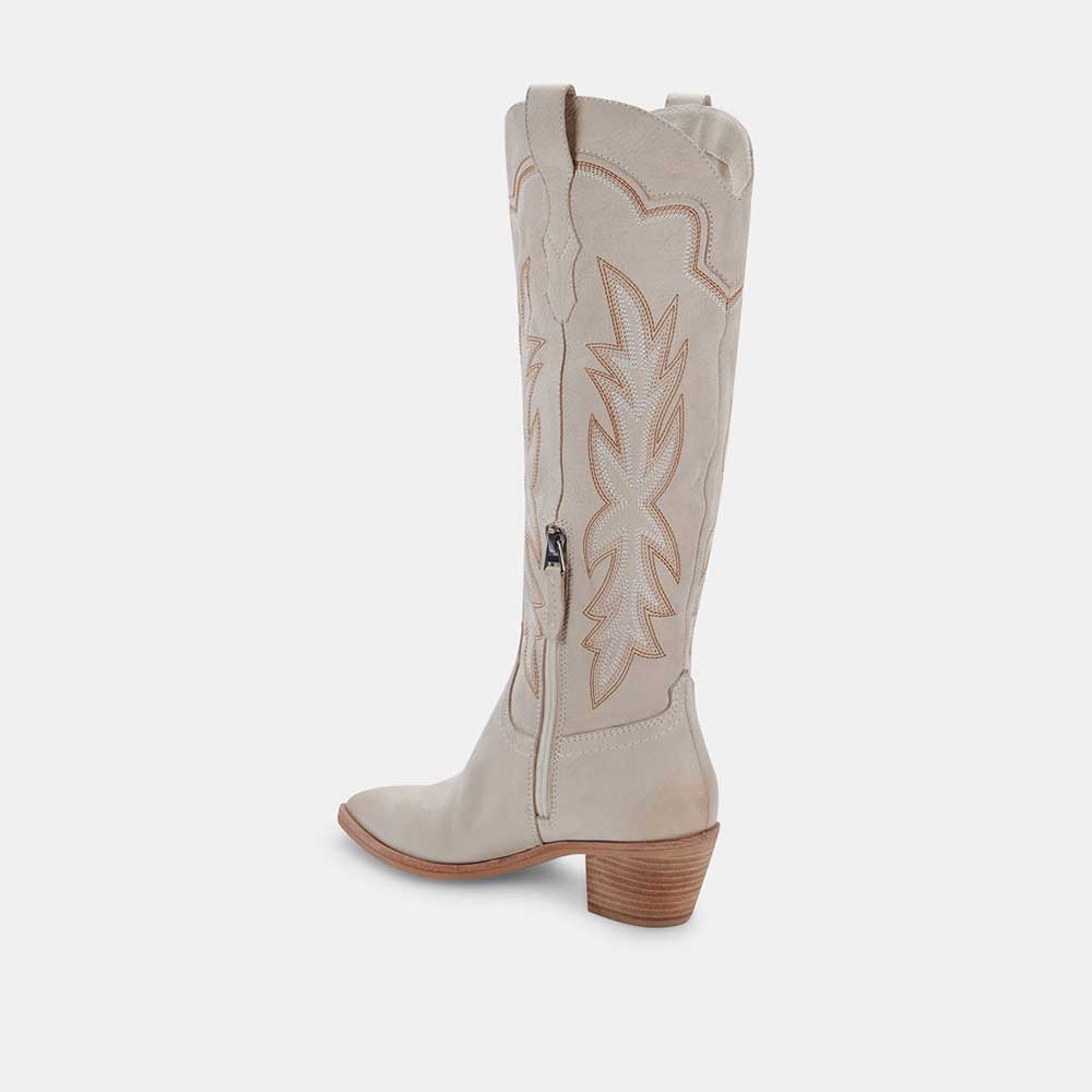 Beige Pointed Toe Chunky Heel Embroidered Knee High Cowgirl Boots