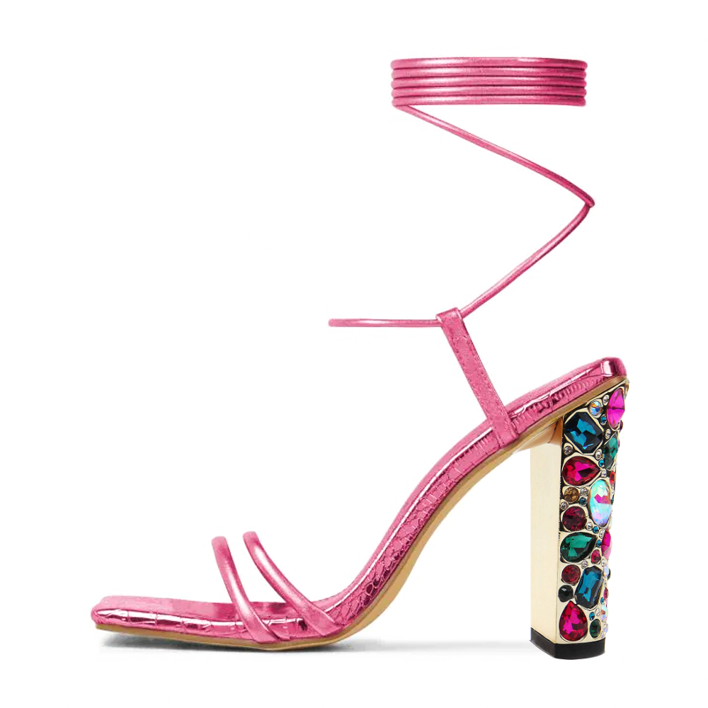 Fuchsia Metallic Finish Square Toe Decorative Heel Lace Up Sandals