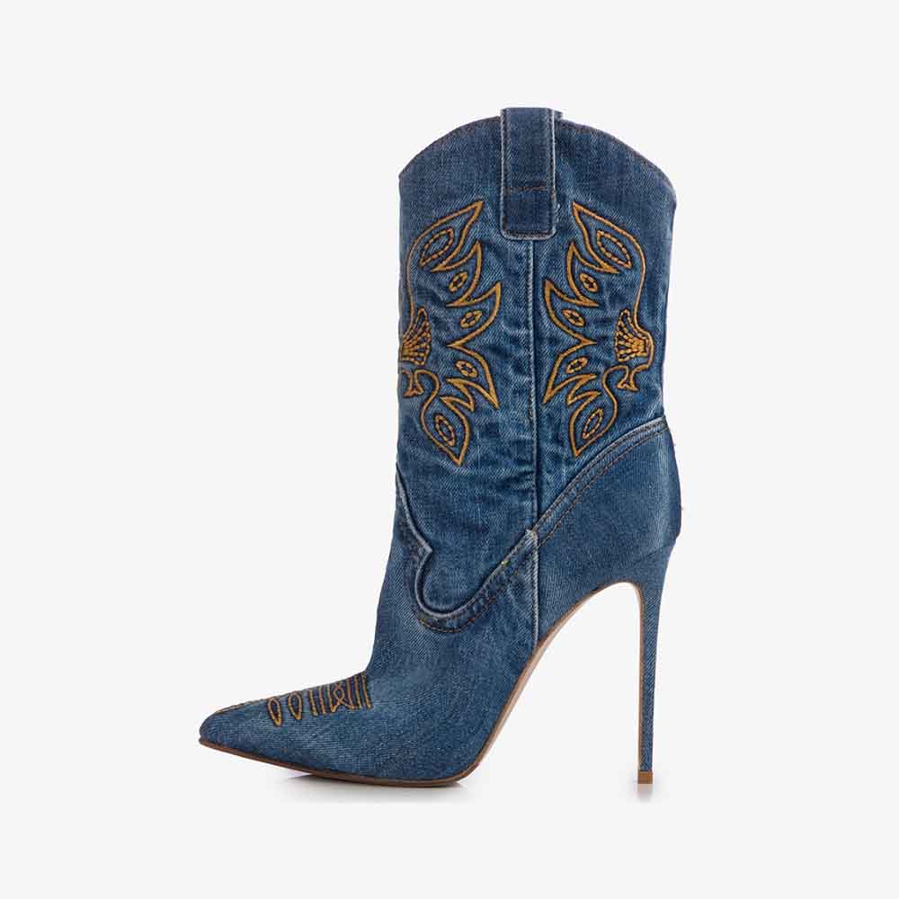 Denim Pointed Toe Stiletto Heel Embroidered Cowgirl Boots in Blue