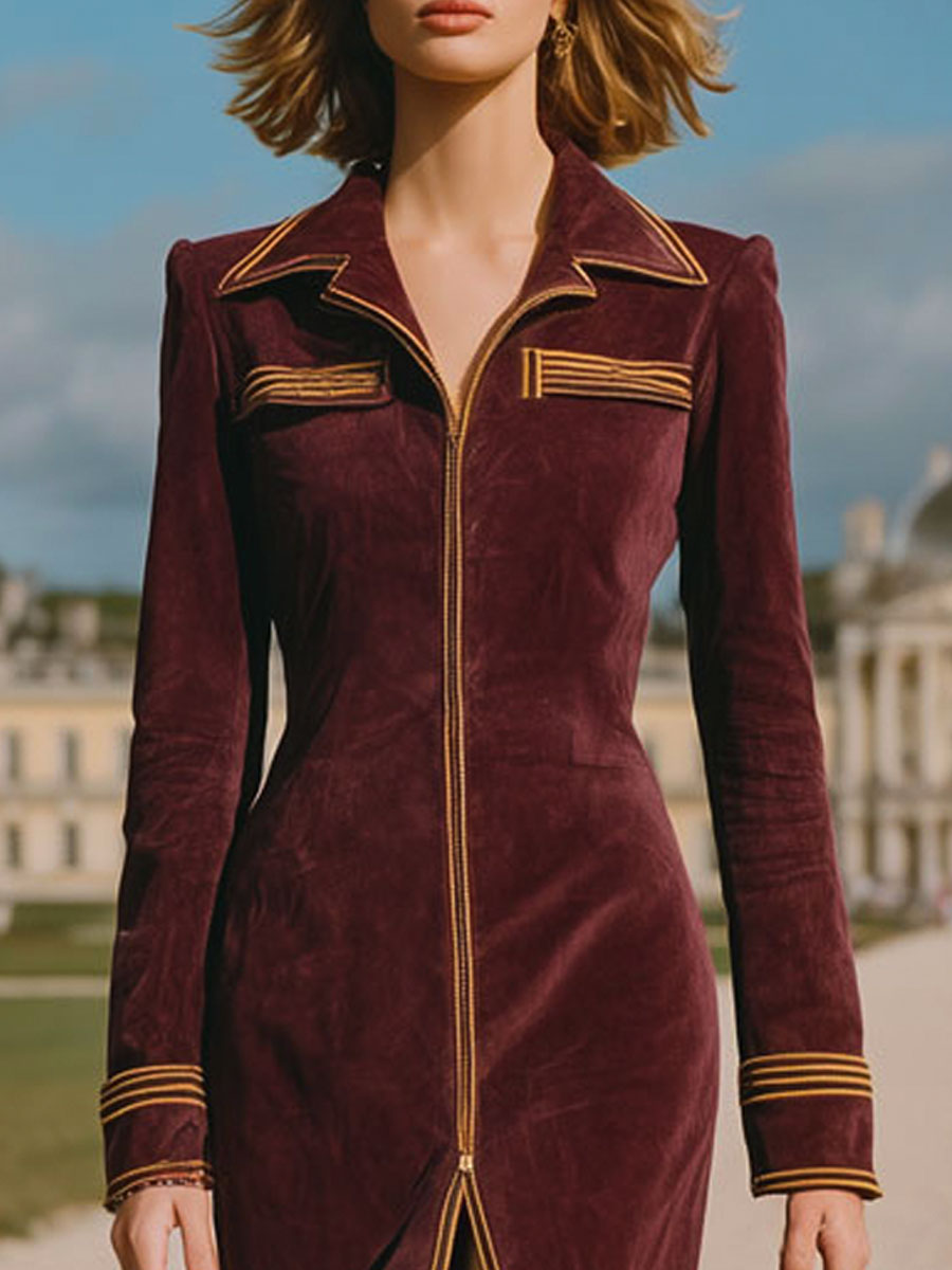 Fashion Retro Gold Trim Burgundy Faux Suede Midi Dress