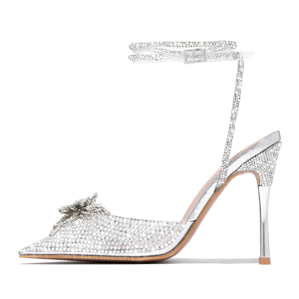 Elegant Silver Pointed Toe PVC Rhinestone Wrap Strap Pumps Heels