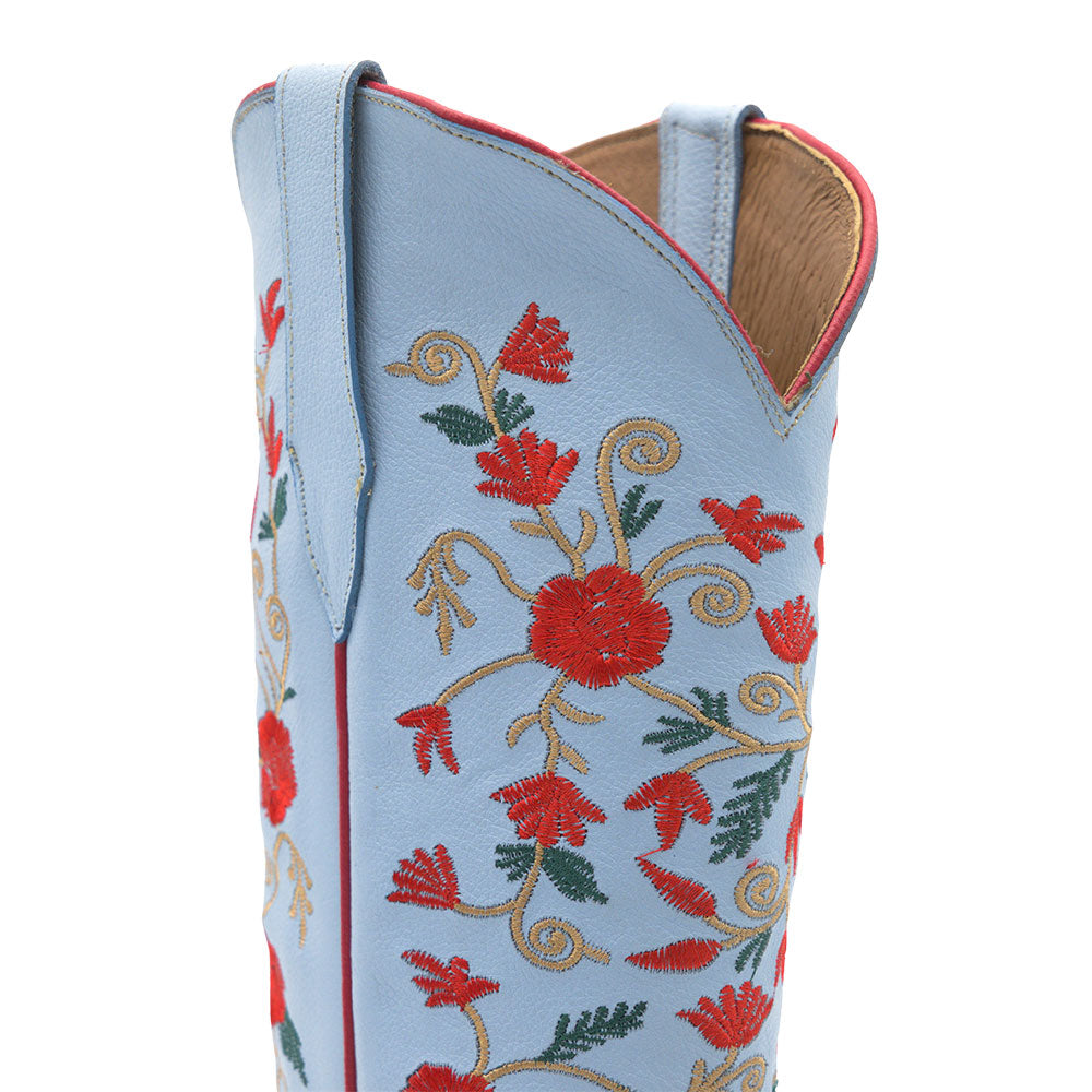 Embroidered Floral Snip Toe Mid-Calf Light Blue Cowgirl Boots