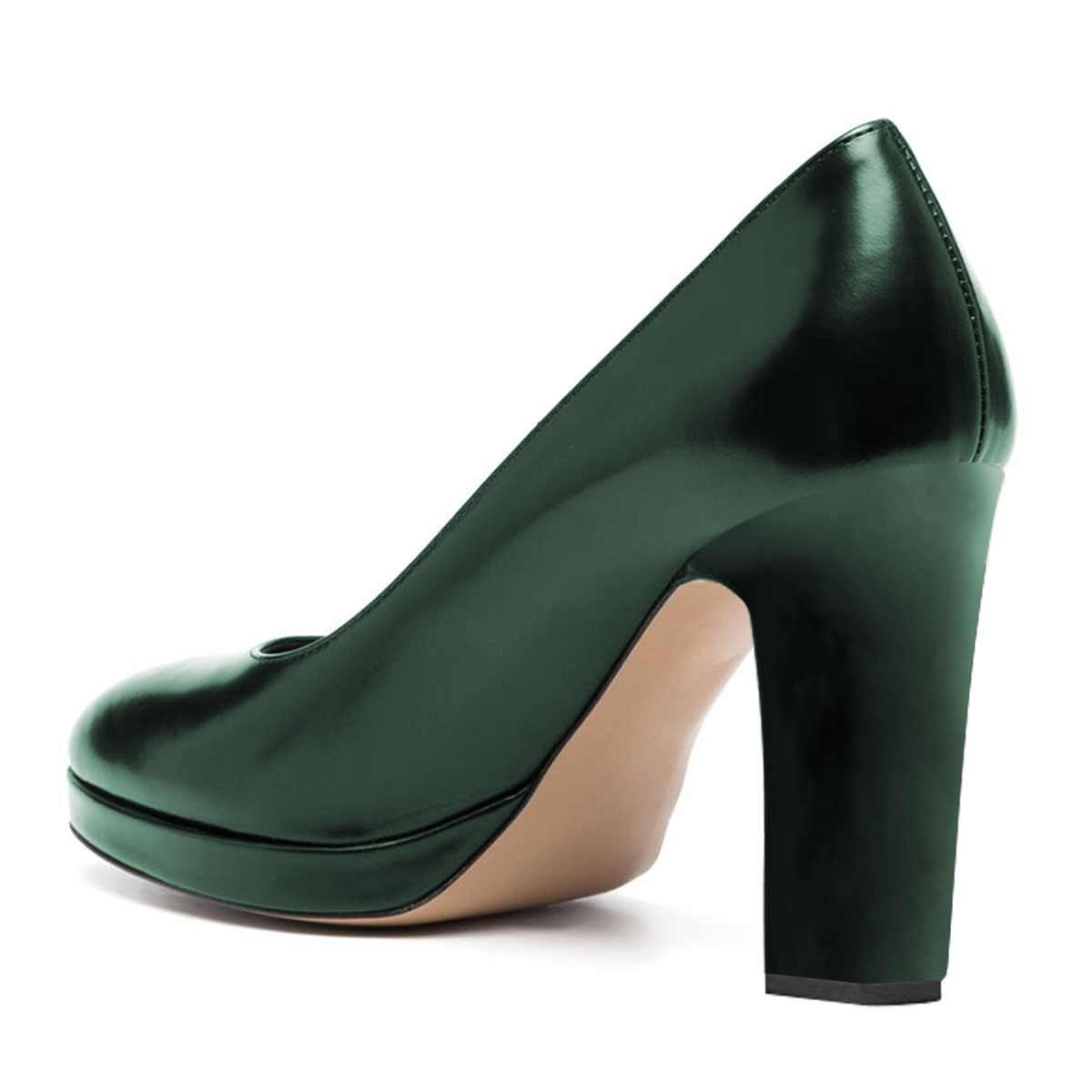 Dark Green Round Toe Chunky Heel Slip-On Platform Pumps for Women