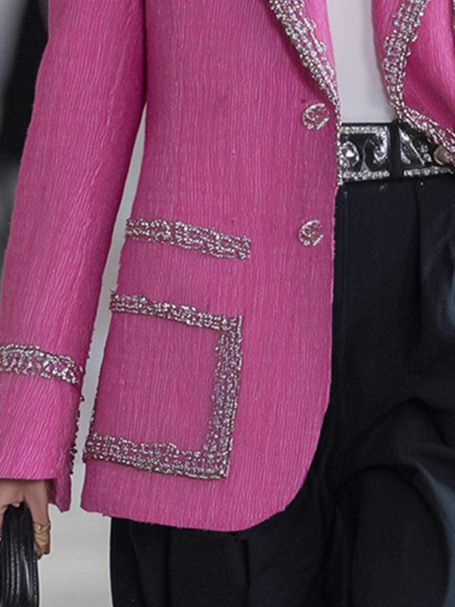 Fashionable And Eye-catching Bright Pink Hemmed Chenille Loose-fitting Blazer
