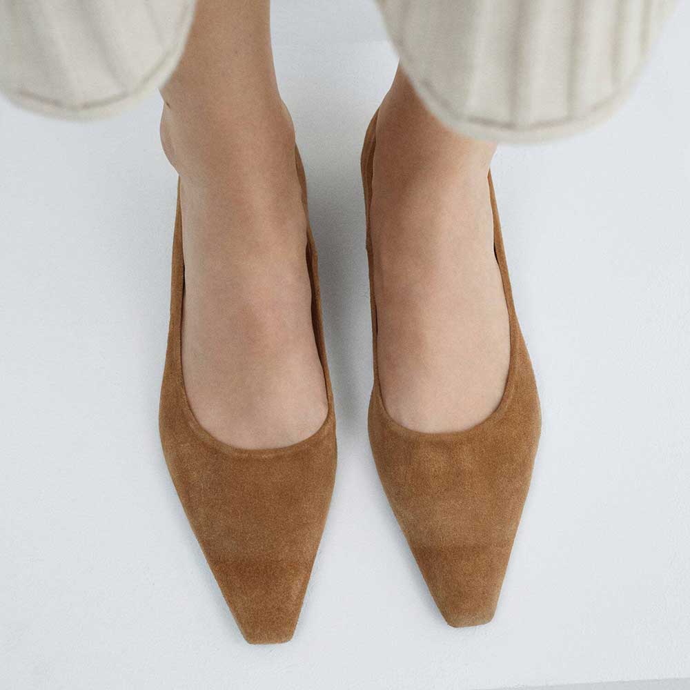 Beige Faux Suede Snip Toe Block Heel Slip-On Formal Pumps