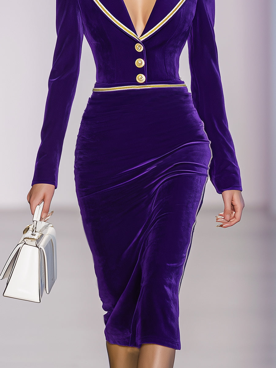 Elegant And Chic Gold Ribbon Lapel Purple Velvet Midi Dress
