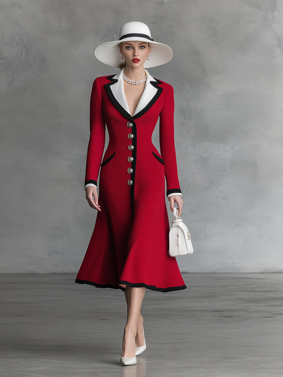 Elegant And Romantic Lapel Red A-line Knitted Midi Dress