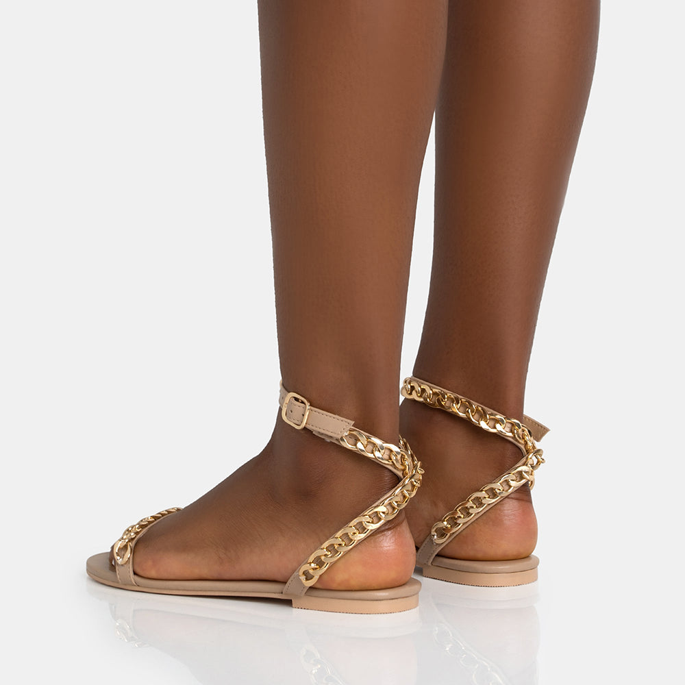 Beige Open Toe Flat Strappy Sandals with Chain