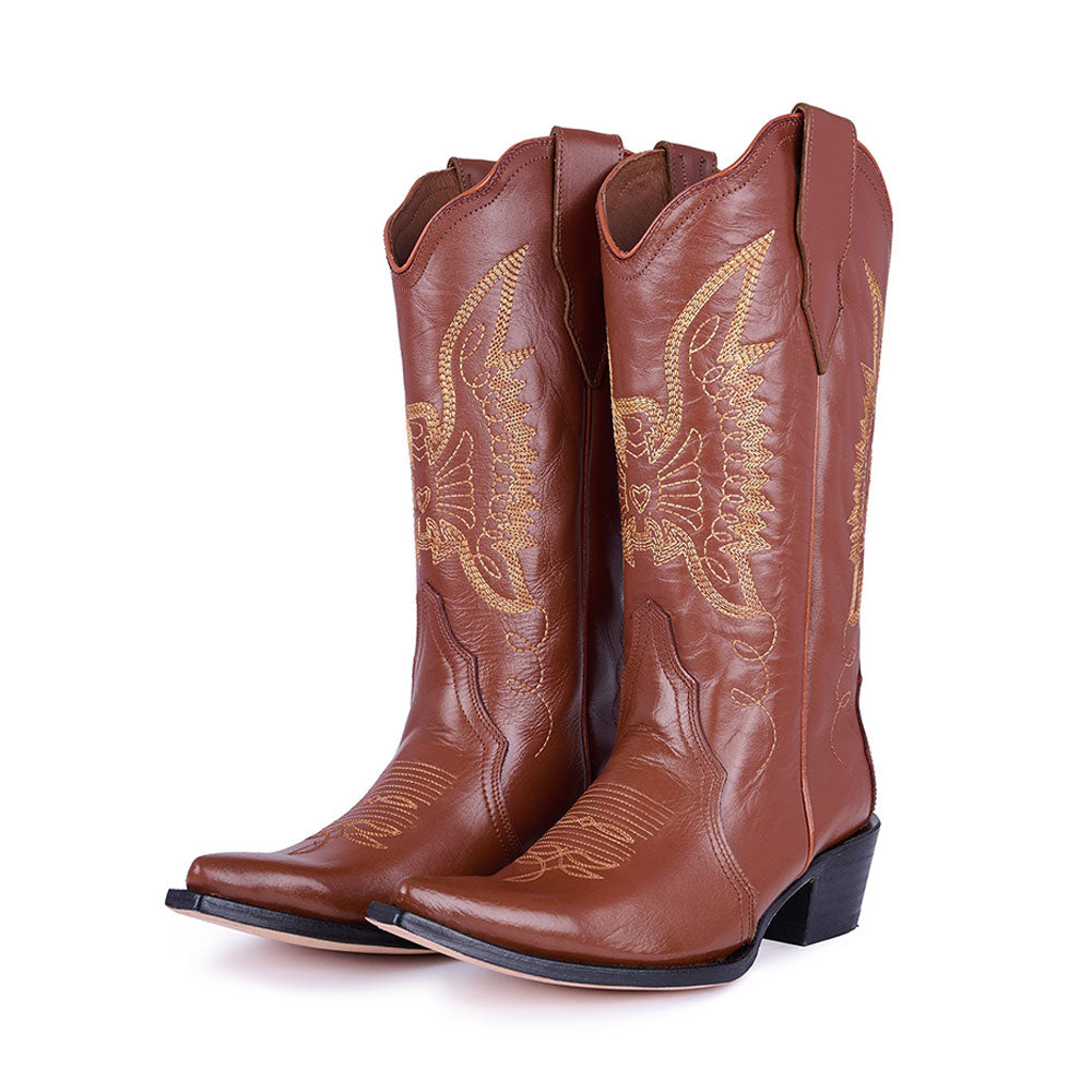 Embroidered Bird Mid-Calf Snip Toe Brown Cowgirl Boots for Women
