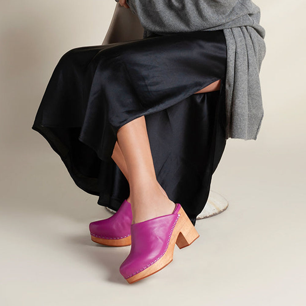 Fuchsia Vegan Leather Round Toe Chunky Heel Clog Platform Mules