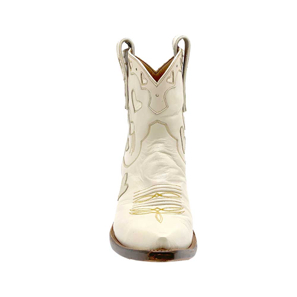 Beige Snip Toe Heart Inlay Ankle Length Cowgirl Boots with Chunky Heel