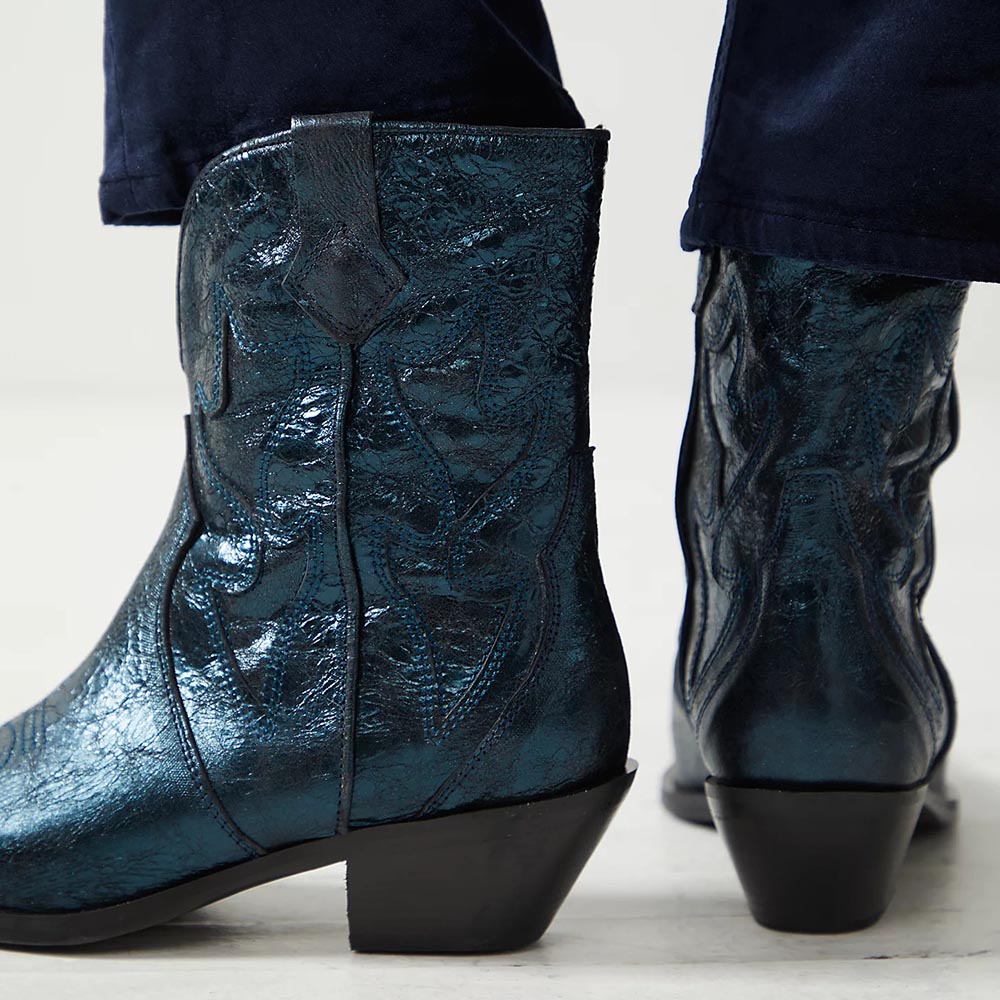 Dark Teal Pointed Toe Chunky Heel Embroidered Cowgirl Ankle Boots