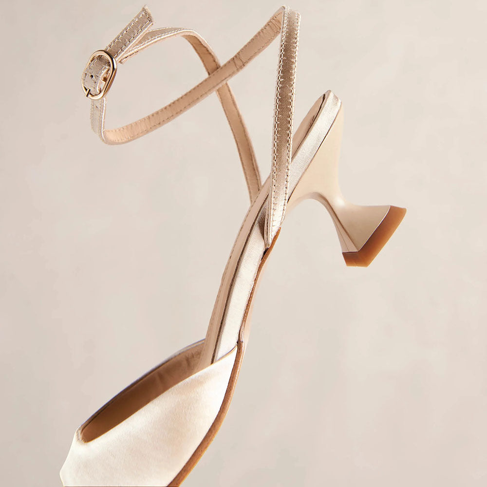 Beige Satin Square Toe Flared Heel Ankle Strap Sandals