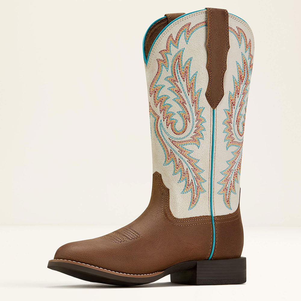 Beige & Brown Round Toe Embroidered Mid-Calf Western Cowgirl Boots