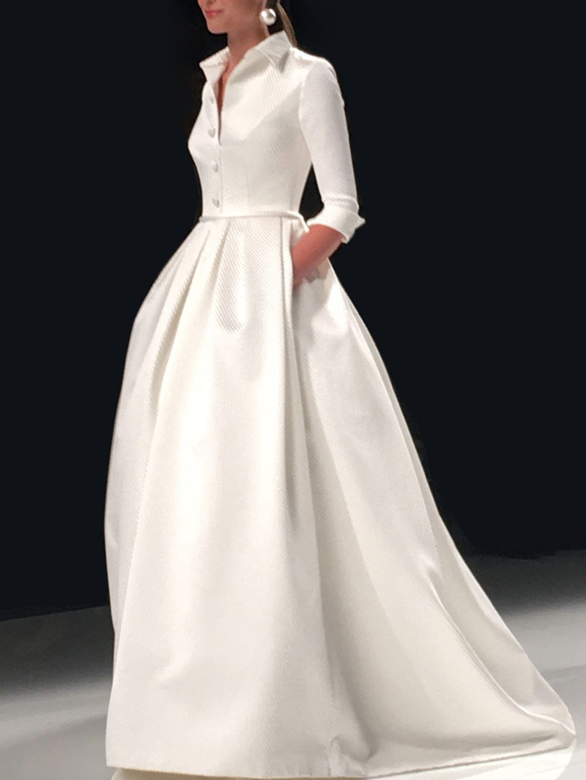 Elegant Solid Color Pockets Turndown Collar Maxi Dress