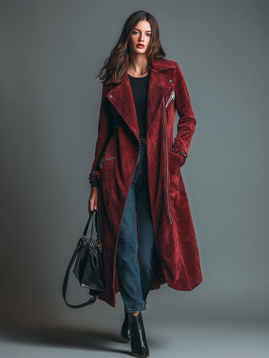 Elegant Vintage Burgundy Faux Suede Long Coat