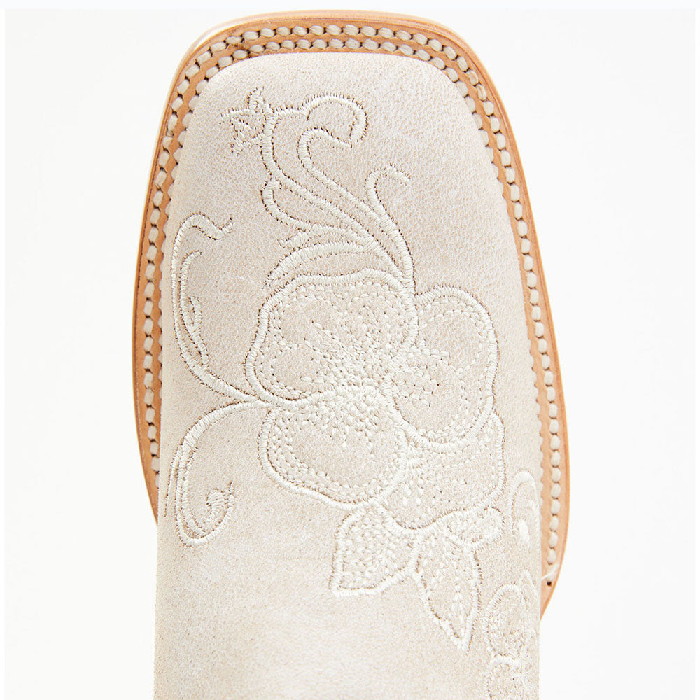Beige Square Toe Floral Embroidered Cowgirl Boots with Chunky Heel