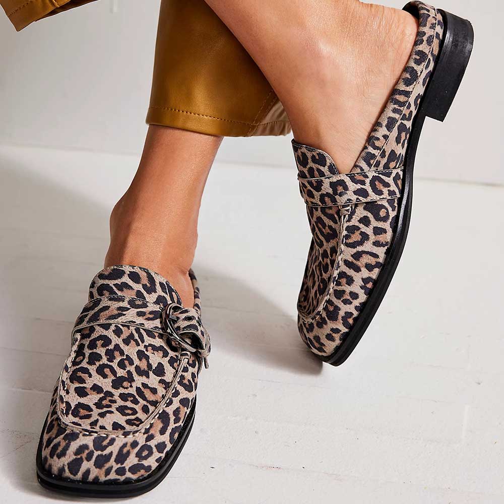Beige Leopard Print Square Toe Flat Buckled Slip-On Mules