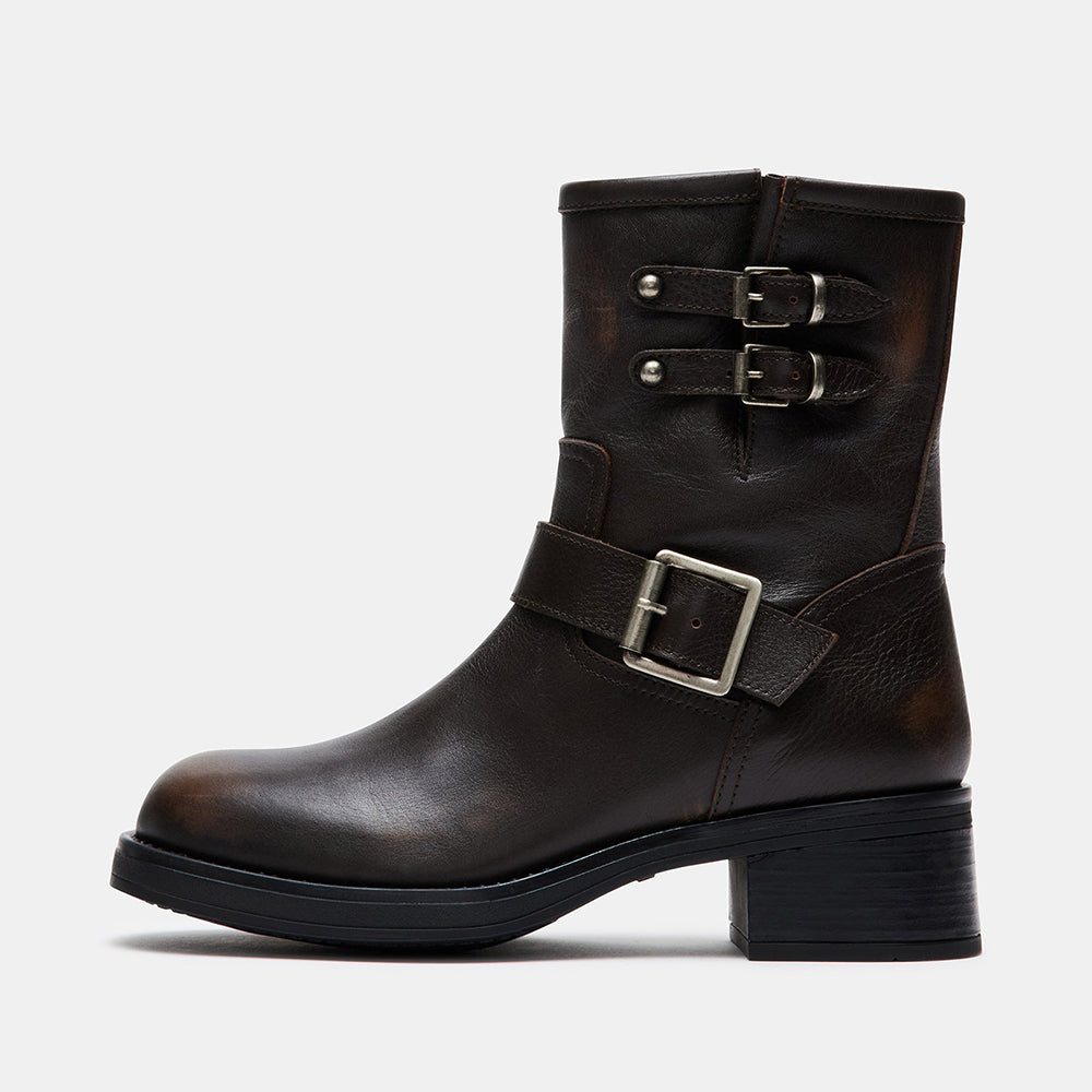 Dark Brown Closed Toe Low Chunky Heel Buckled Ankle Boots