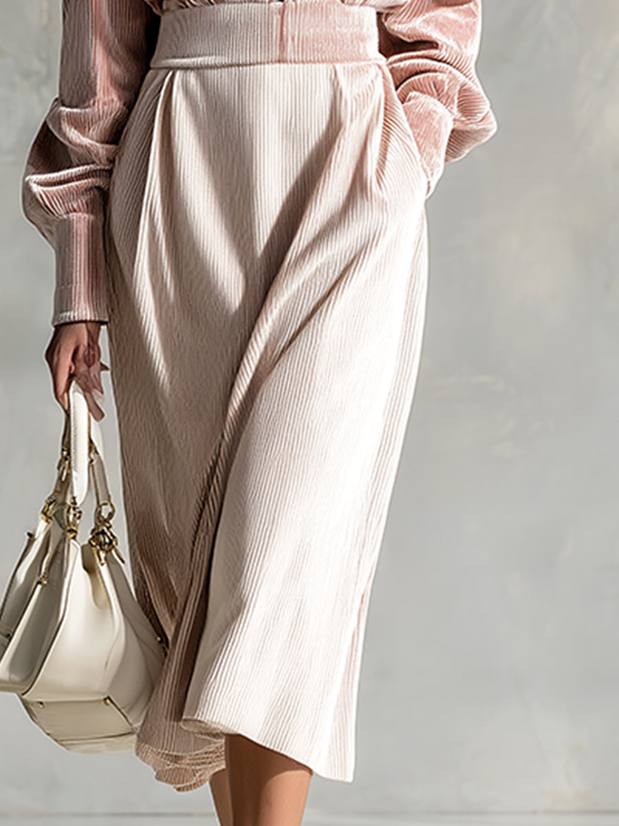 Fashion Casual Light Pink Velvet Lapel Zipper Long Sleeve Midi Dress