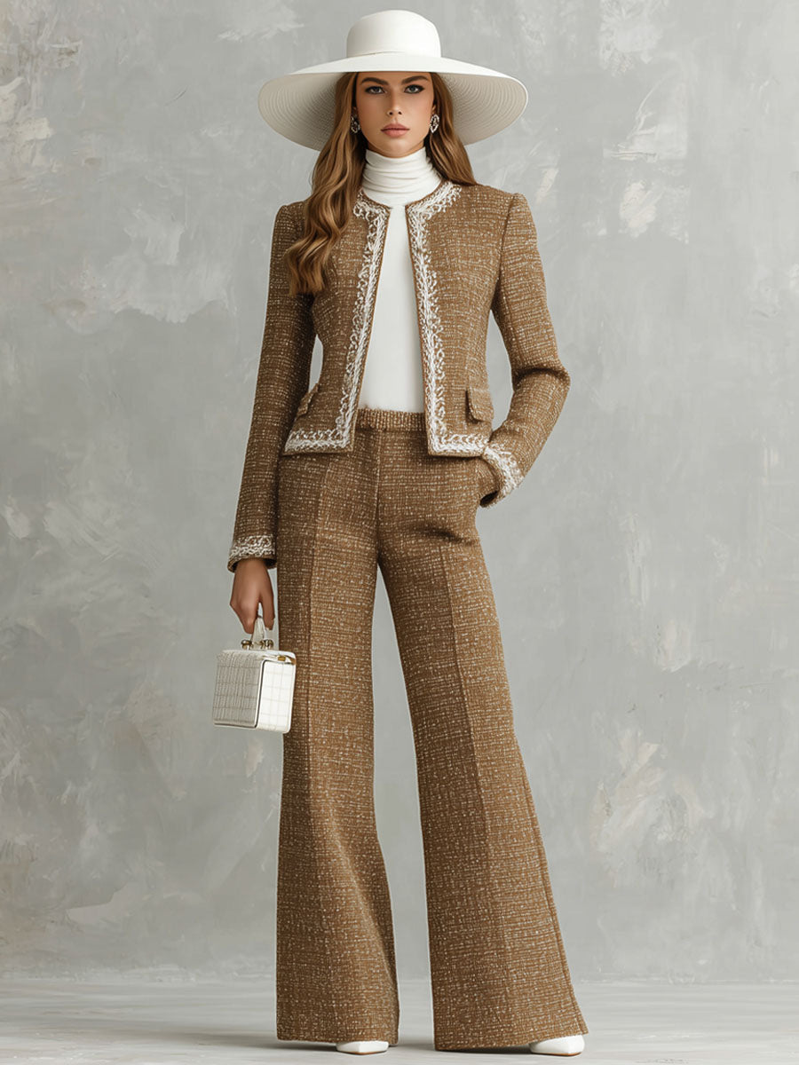Elegant Textured Fabric Round Neck Jacket And Wide-leg Pants Set