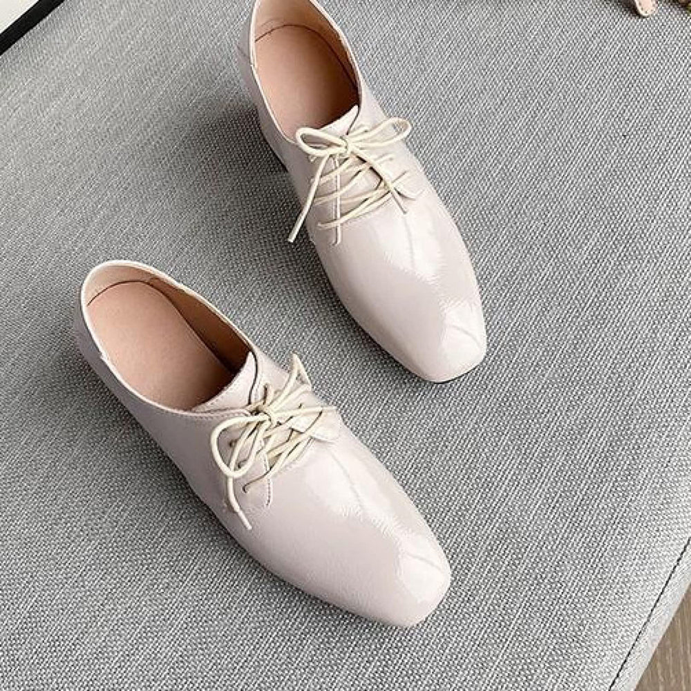 Beige Patent Leather Square Toe Decorative Heel Lace Up Oxford Shoes