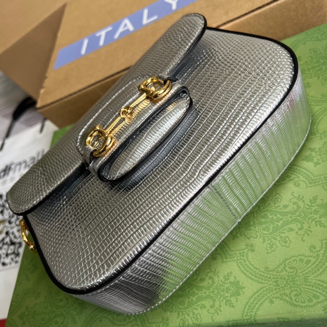 gg Horsebit 1955 Lizard Mini Bag Silver For Women, Women’s Bags 8in/20cm gg