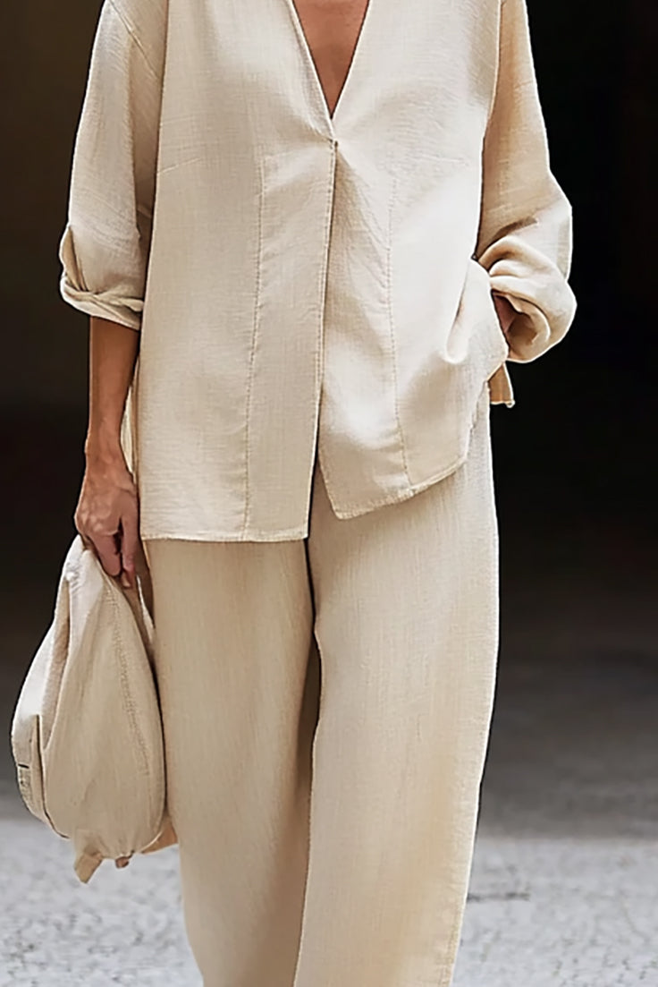Daily Casual Set Beige Deep V Linen Long Sleeve Pants Set