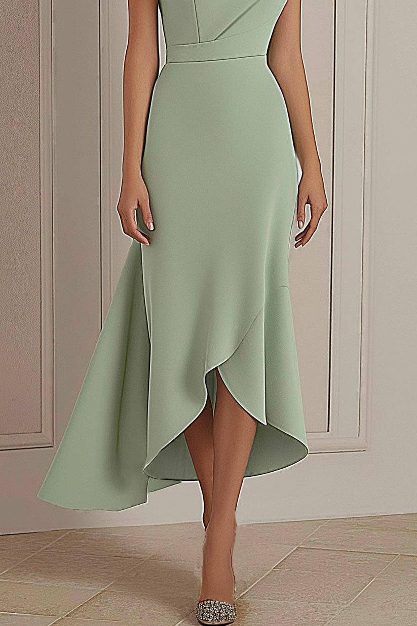 Daily Party Dress Sage Green Round Neck Asymmetric Midi Dress