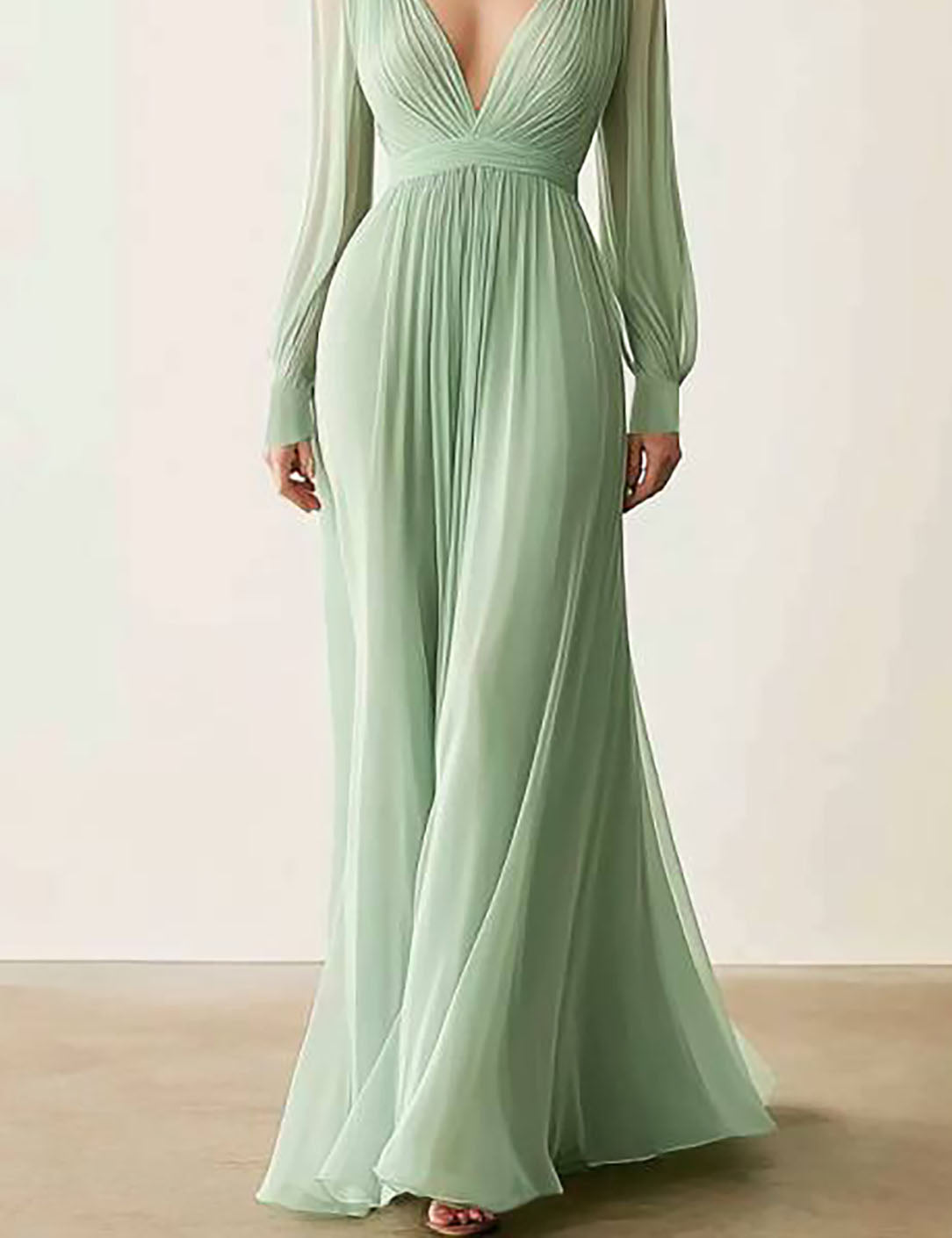 Formal Evening V-Neck Dress Green Long Sleeve Maxi Dress