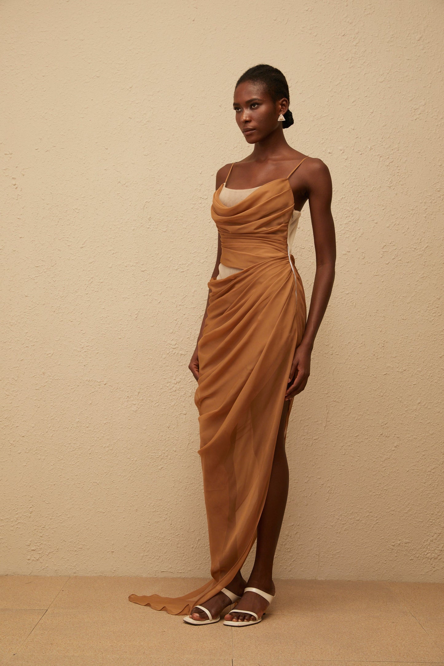 Charisa Khaki Draped Chiffon Maxi Dress