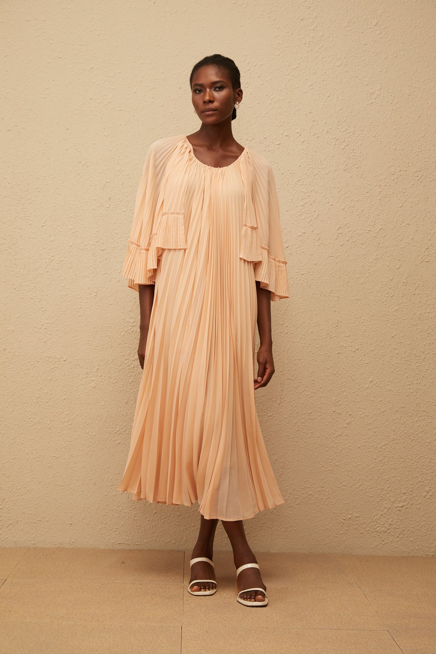 Urbaine Pink Cape Design Pleated Chiffon Midi Dress