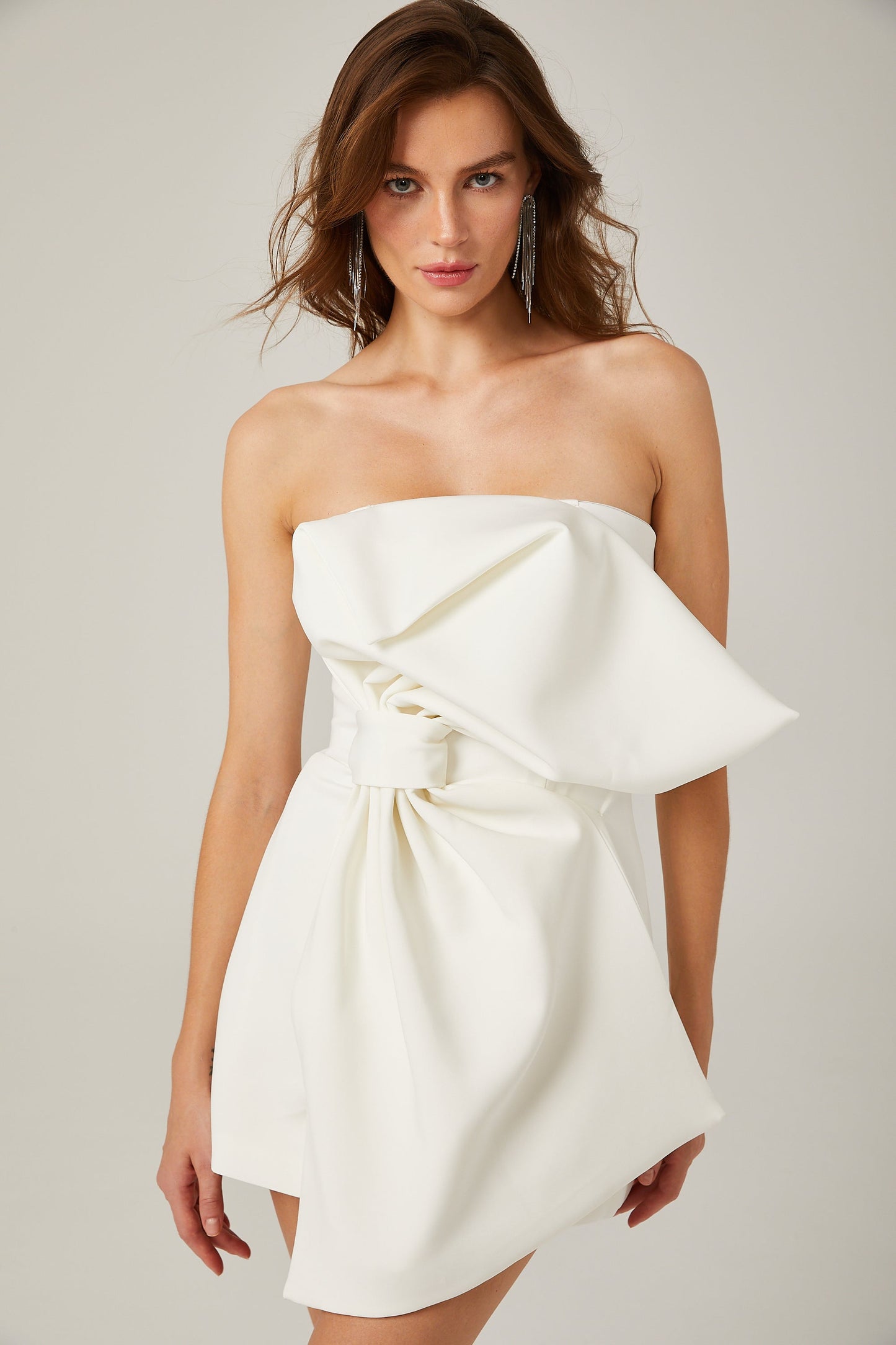 Charla white oversize-bow asymmetrical mini dress