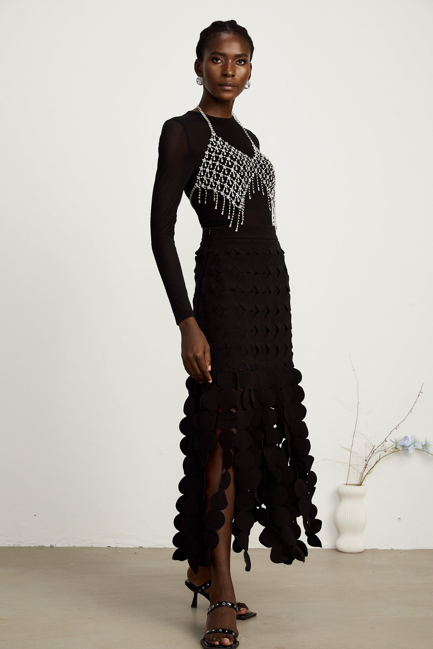 Hanna disc-design fringed maxi skirt in Black