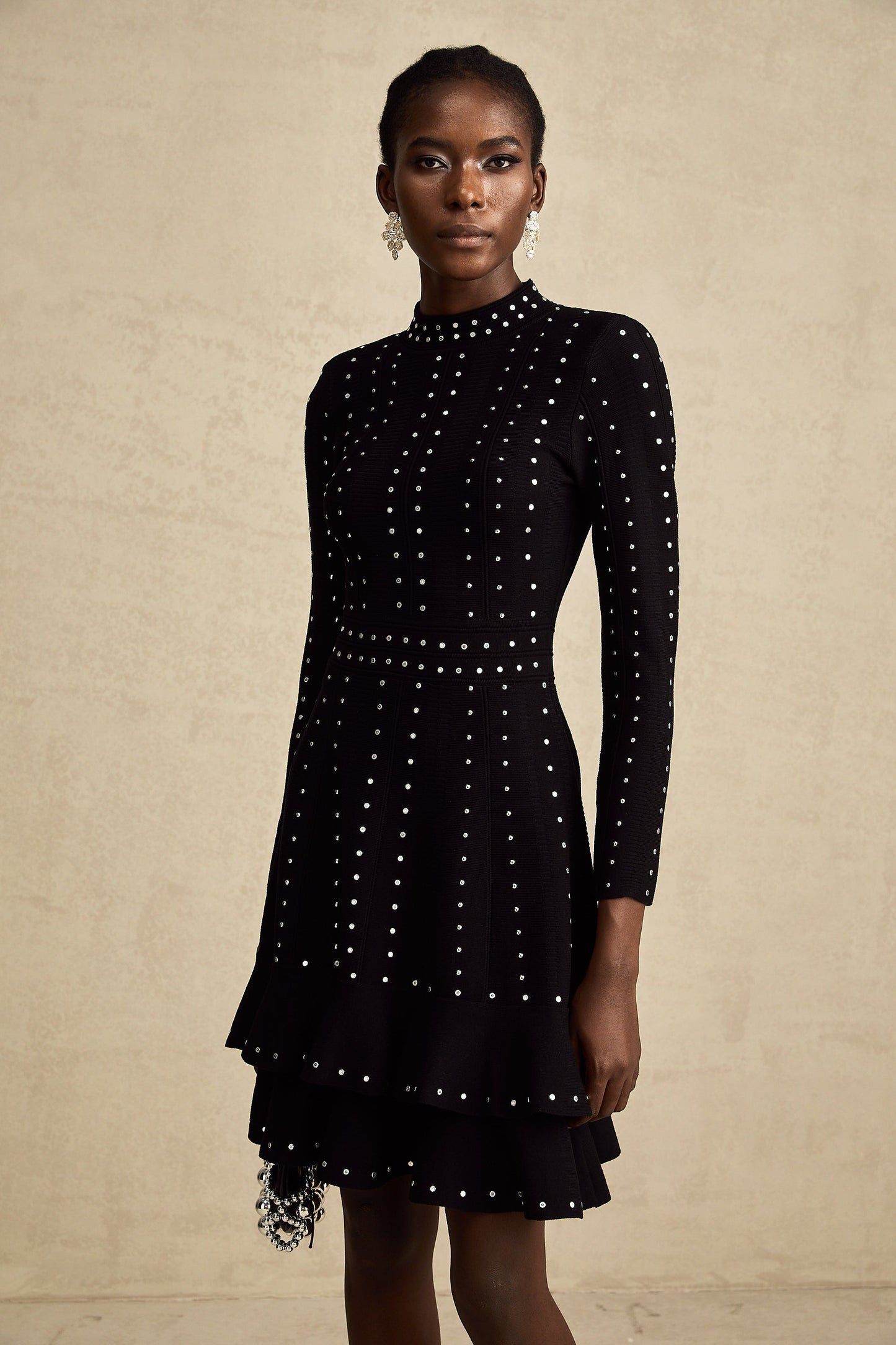 Fabienne Black Embellished Ruffled Knit Mini Dress