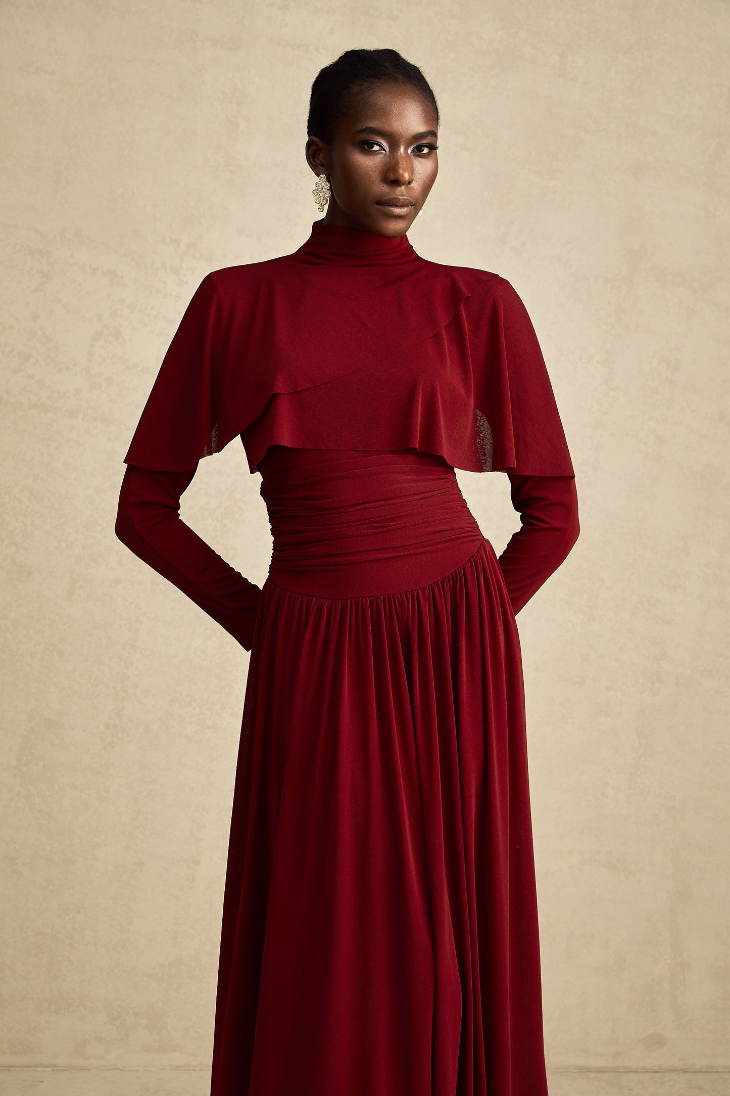 Camille Red Ruched Midi Dress with Flap Design Detail