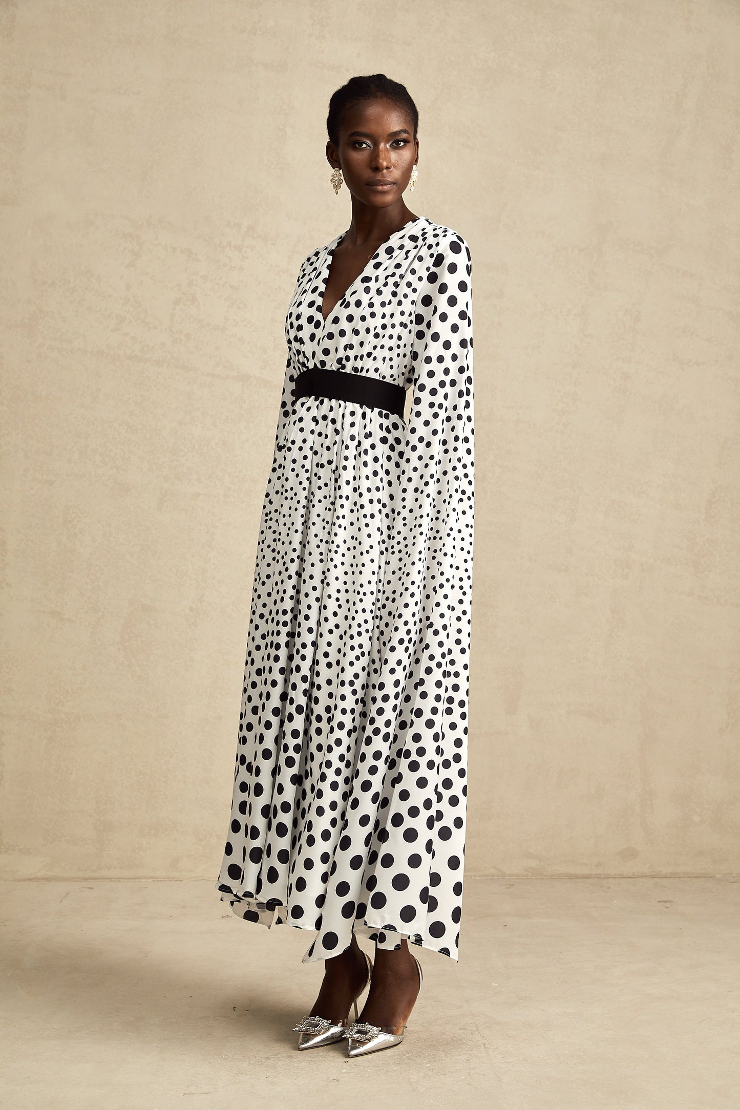Brigitte white polka-dot slit-sleeve midi dress
