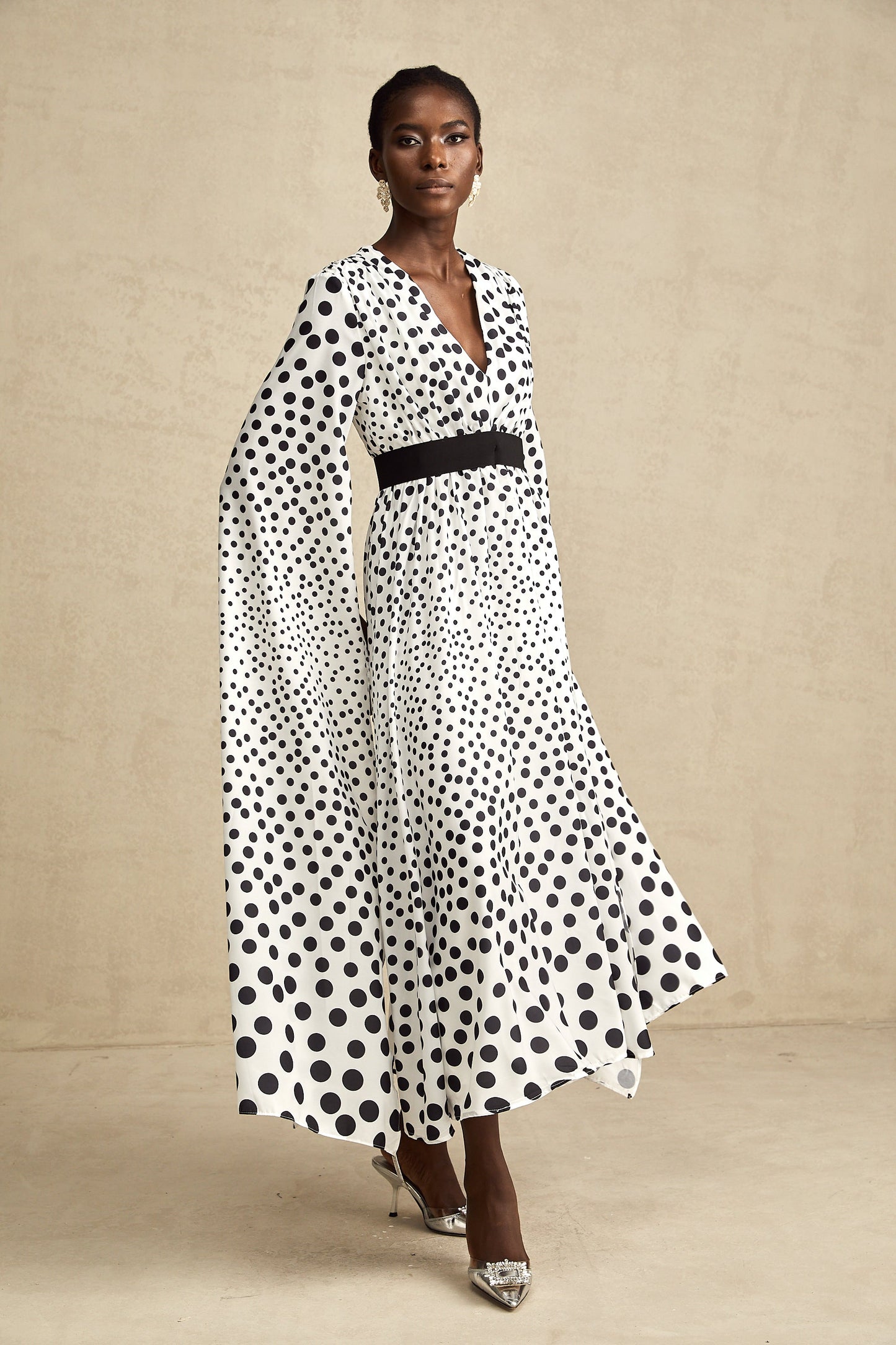 Brigitte white polka-dot slit-sleeve midi dress