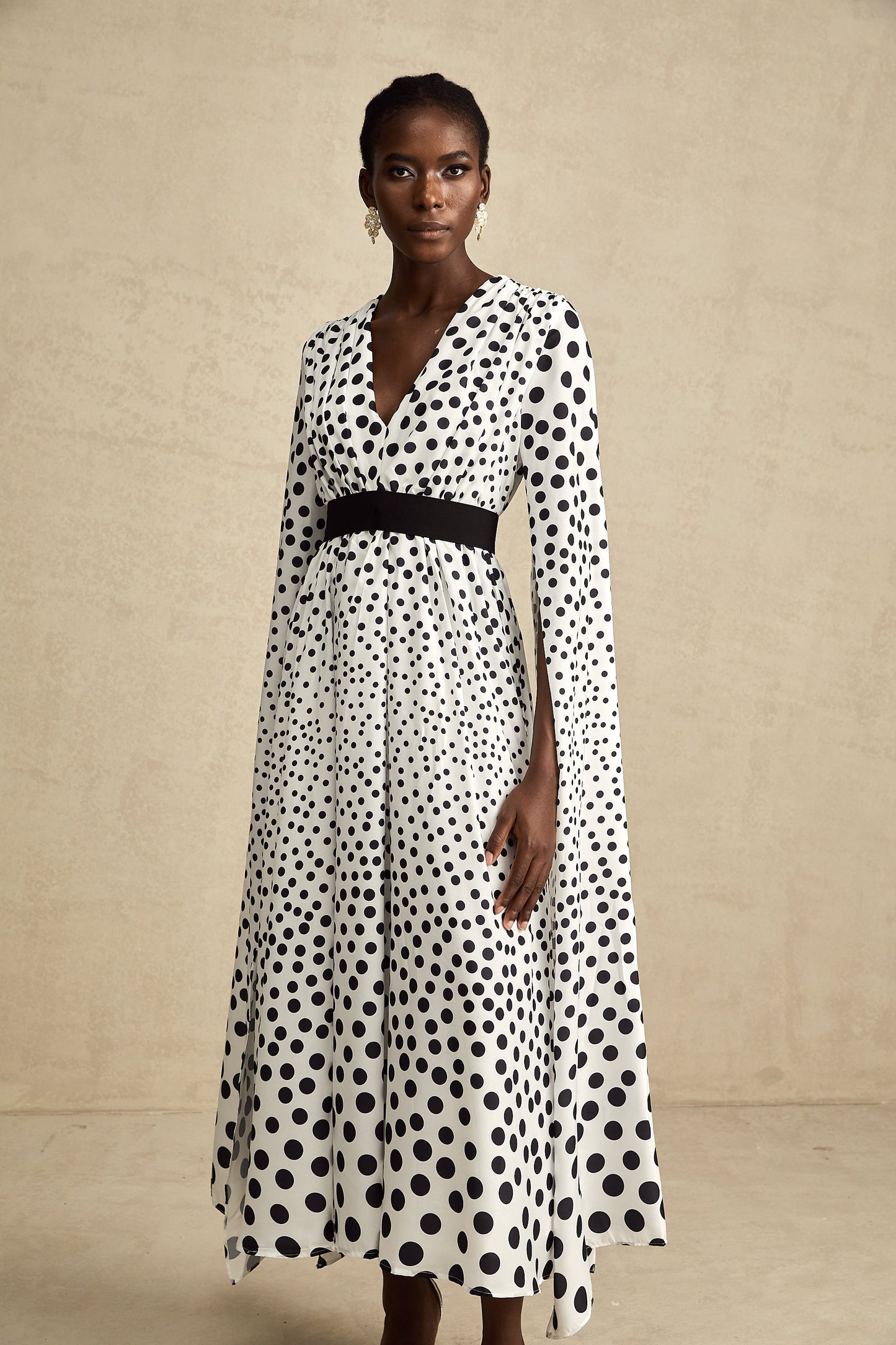 Brigitte white polka-dot slit-sleeve midi dress