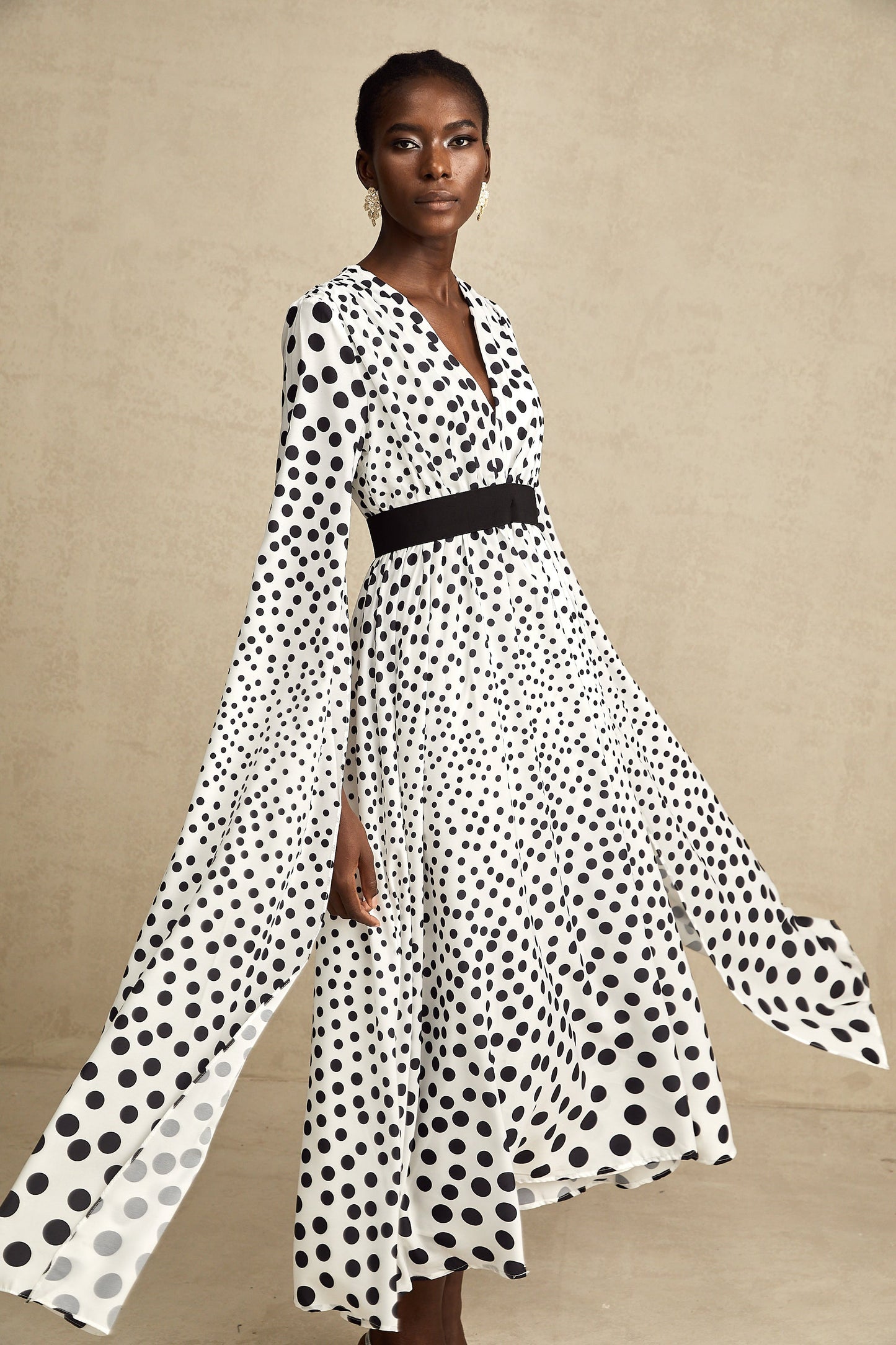 Brigitte white polka-dot slit-sleeve midi dress