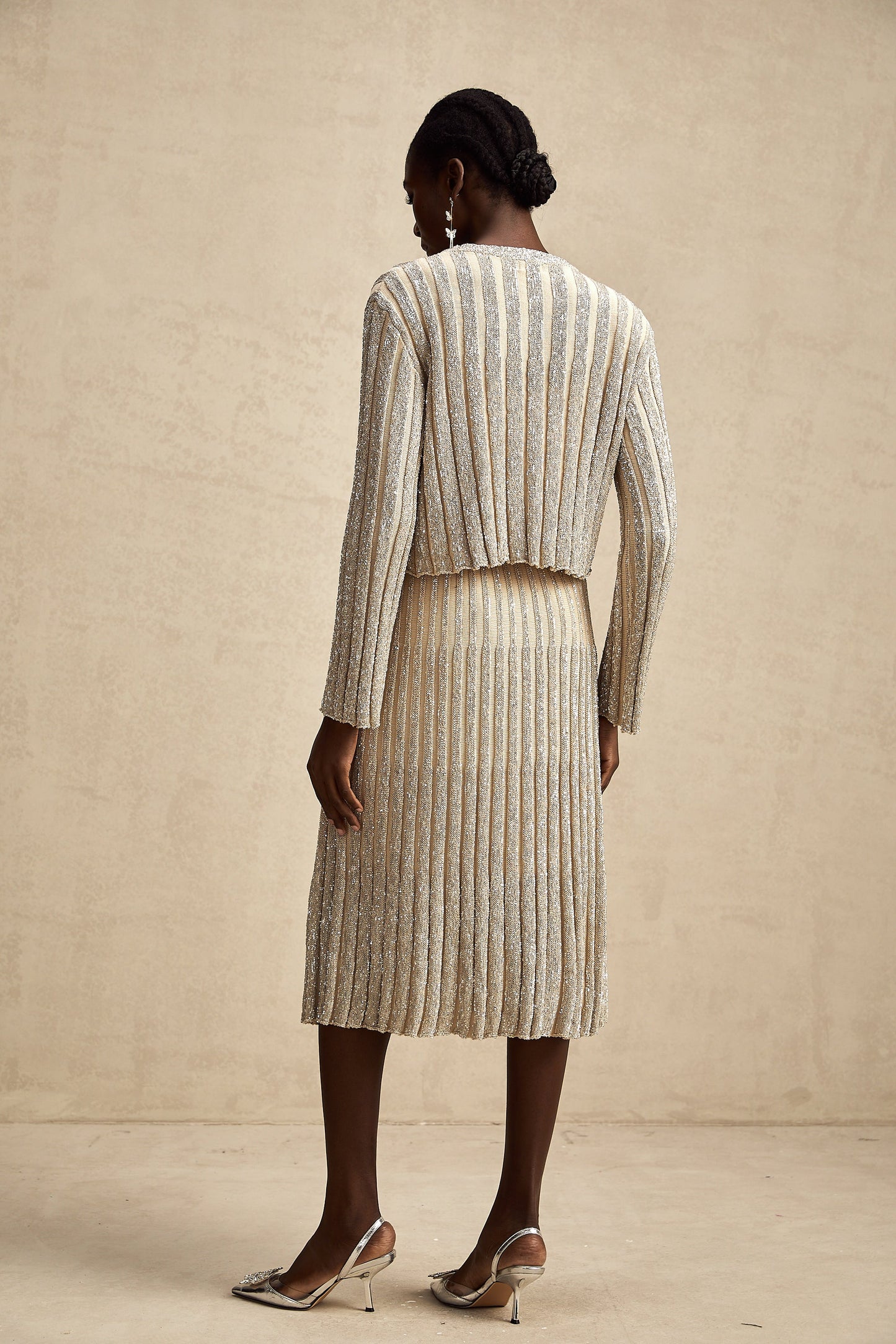 Aurore champagne stripe knit top & skirt matching set