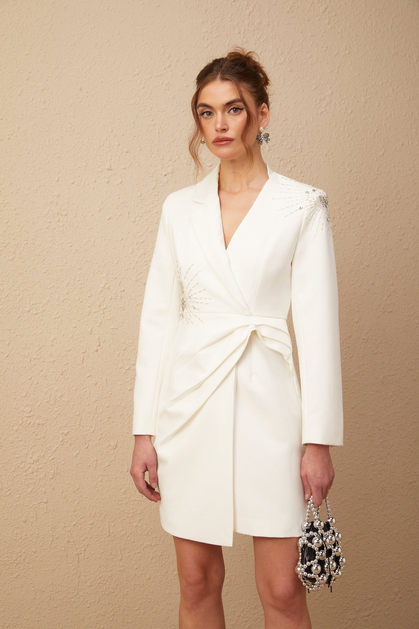 Mireille white embellished asymmetrical blazer dress