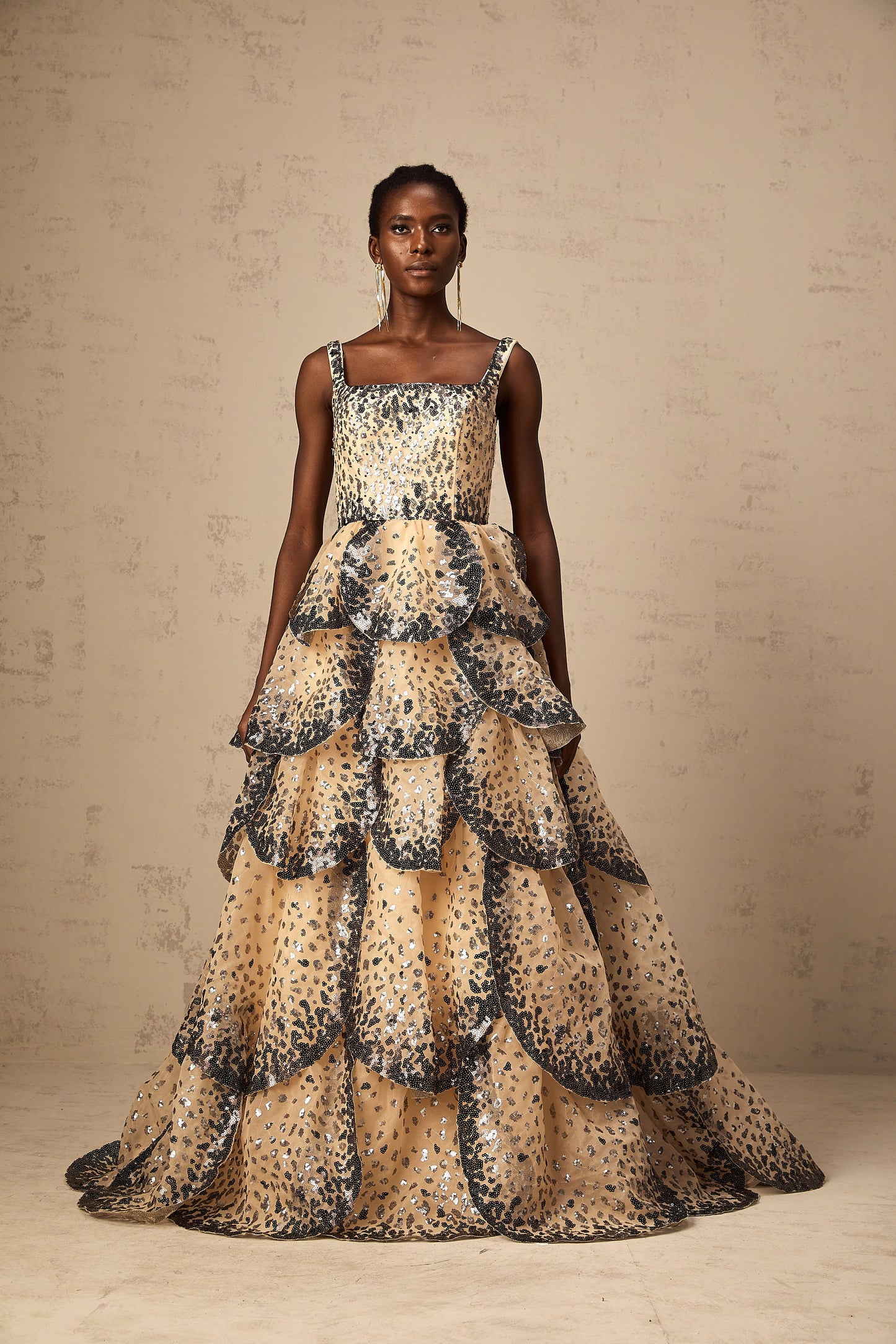 Flavie sequined petal tiered maxi dress