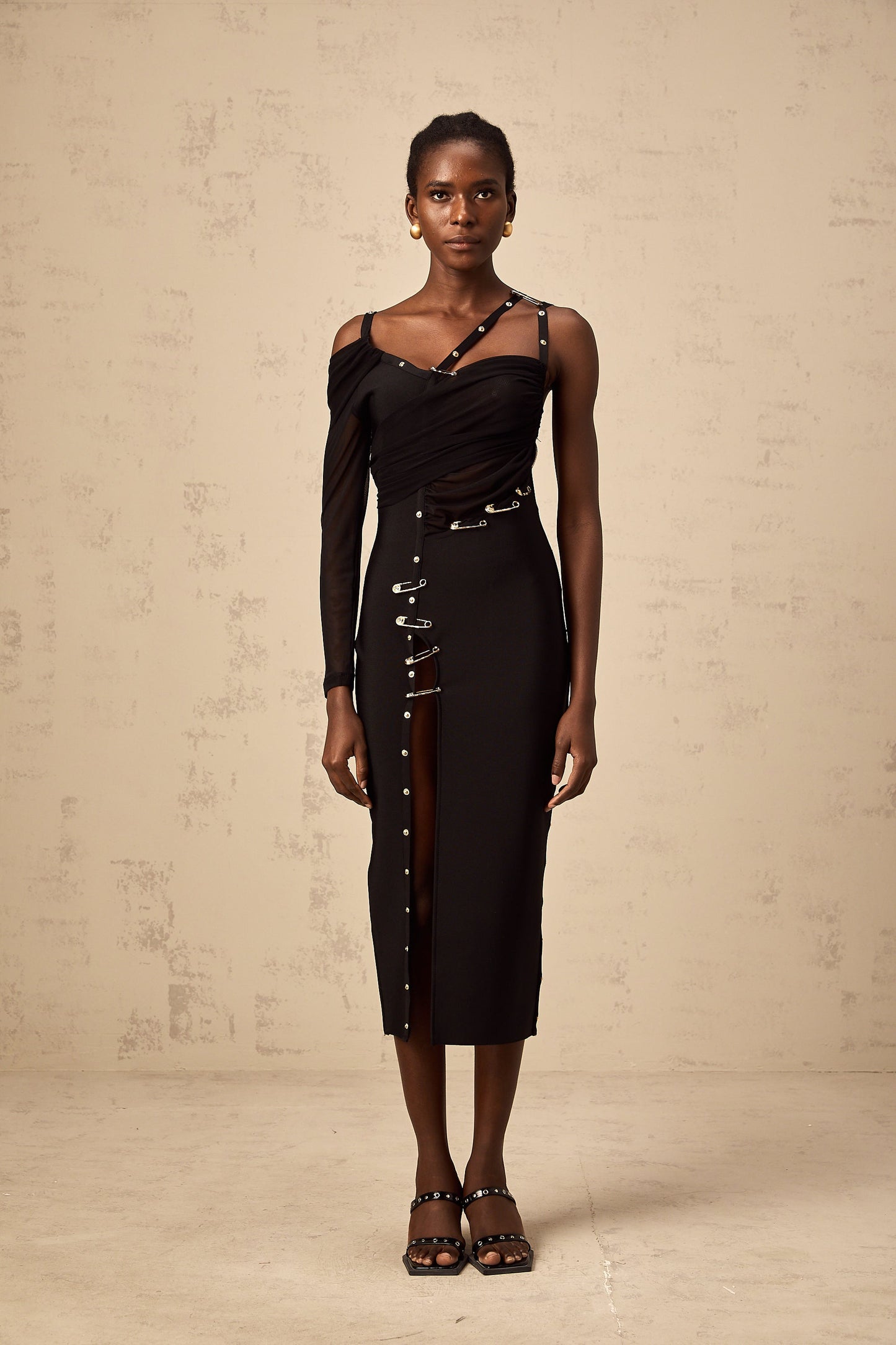Louise black cut-out asymmetrical midi dress